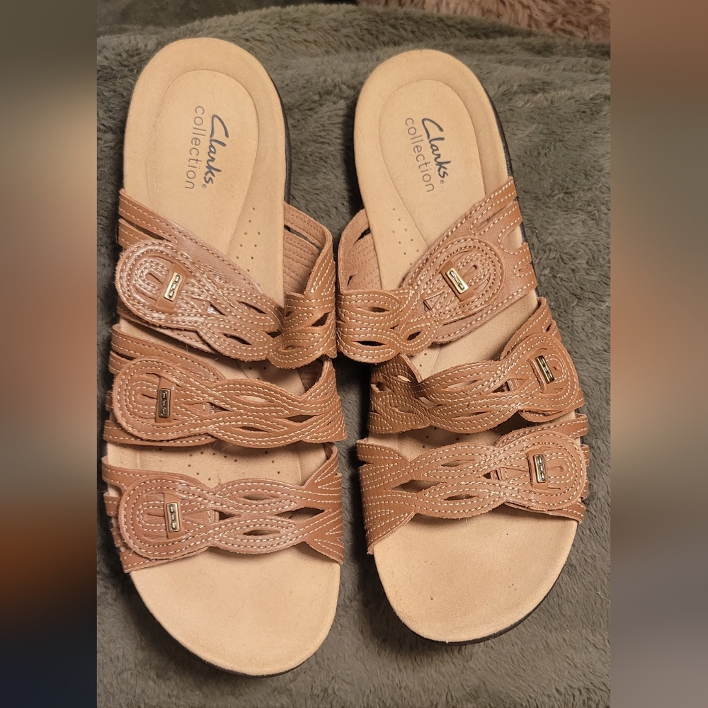 Clarks Collection Braided Leather Slide Sandals Tan Womens 12 Comfort